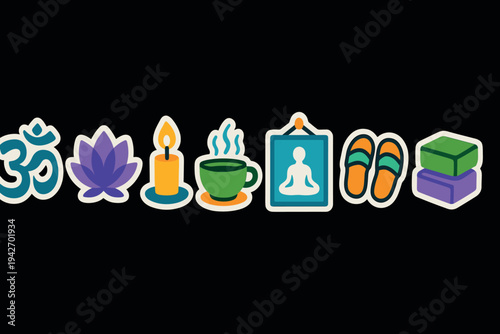 Wellness and yoga icons on black background with om symbol and meditation elements