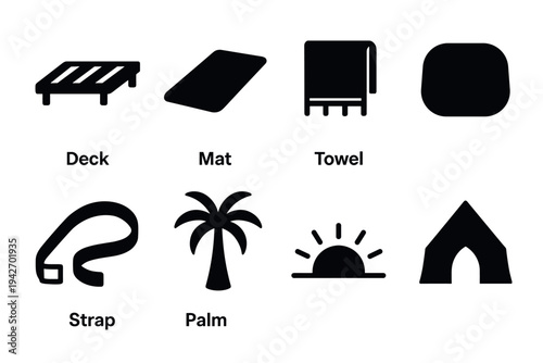 Beach essentials icons: deck, mat, towel, palm, tent in solid minimalist style