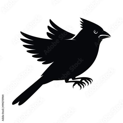 Black silhouette of a bird in mid flight against a white background