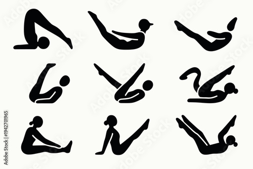 Silhouette yoga poses collection: variety of human exercise positions