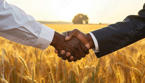 Close-up of hands clasped in handshake, over a field of golden wheat