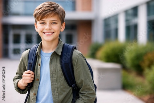 Happy School Boy with Backpack Standing Outside Modern School Building
