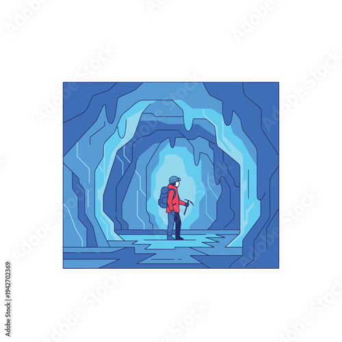 Adventurer exploring a vast icy cave with gear.