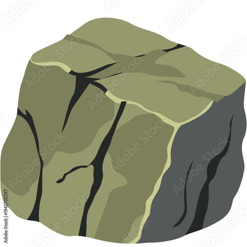 Green and yellow angular rock with dark cracks perfect for landscape design, geological illustrations, and natural stone graphics with flat vector style.