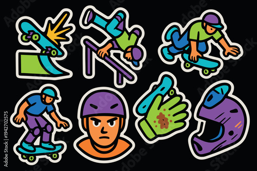 Wallpaper Mural Colorful skateboard stickers with bold outlines on black background Torontodigital.ca