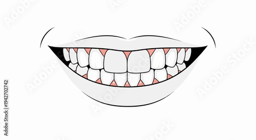 A cartoon illustration of a wide open smile with white teeth and pink gums