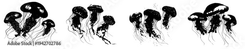 Elegant Silhouette of Three Jellyfish in Black and White