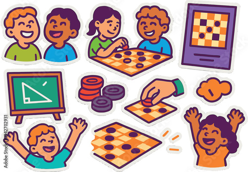 Colorful checkers fun with kids in cartoon style for education and recreation