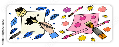 Eagles and Fountain Pen Illustration and Ink Brush Strokes with Pen and Bird painting process Silhouette Set