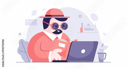 A cartoon man wearing a hat and glasses reads a book next to a laptop