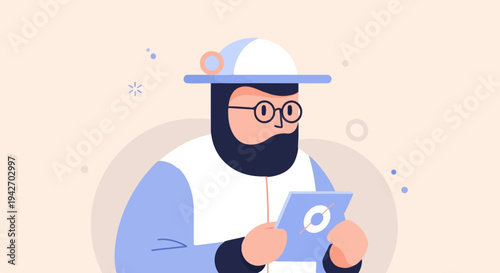 A cartoon man with a beard and glasses holds a digital tablet