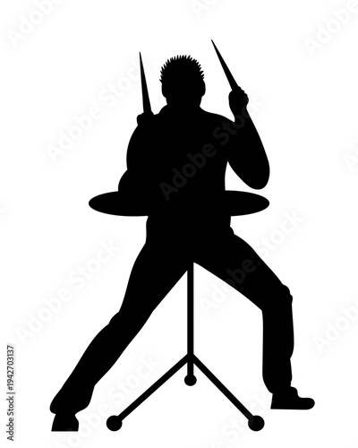 Silhouette of musicians with drums system isolated on transparent background. Vector PNG