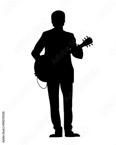 Silhouette of musician with guitar isolated on transparent background. Vector PNG