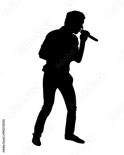 Silhouettes of showman singer with microphone isolated on transparent background. Karaoke concept. Vector PNG