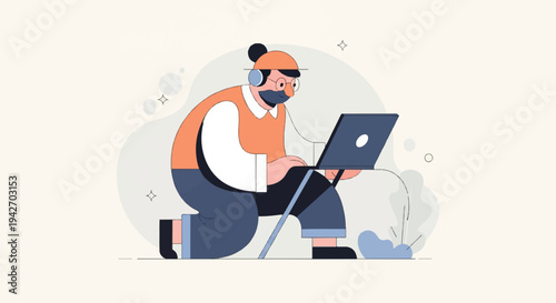 A cartoon person with headphones and glasses types on a laptop, working remotely