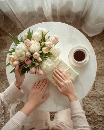 Mothers Day Breakfast Flowers and Gift Flat Lay
