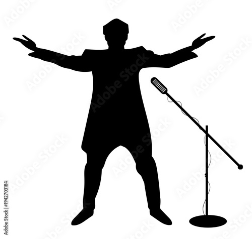Silhouette of showman singer with microphone isolated on transparent background. Vector PNG