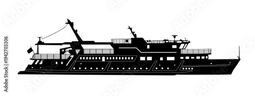Silhouette of touristic pleasure boat isolated on transparent background. Vector PNG