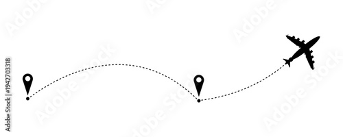 Airplane travel concept with GPS points isolated on transparent background. Line path icon. Flight start point. Vector PNG