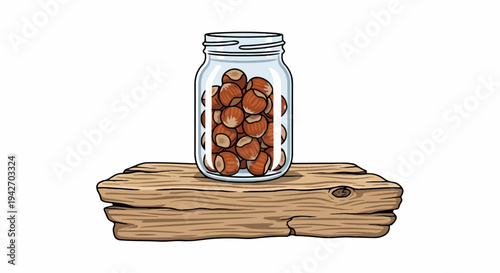 A clear glass jar filled with brown hazelnuts sits on a textured wooden surface