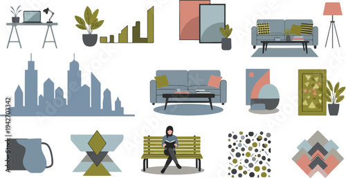 Flat design illustrations of urban elements and home decor
