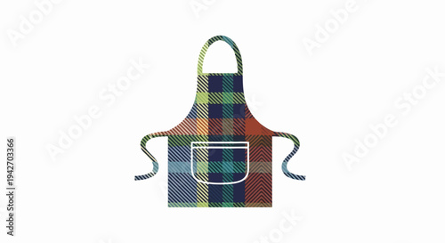 A colorful plaid apron with a white pocket on a white background