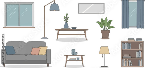 A cozy living room interior illustration with sofa, tables, and decor