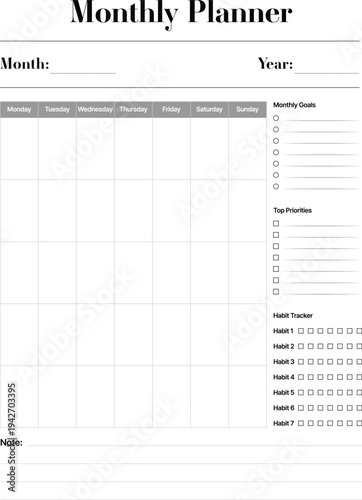 Minimal Monthly Planner Vector Printable Template with Habit Tracker Goal Priority and Notes Layout