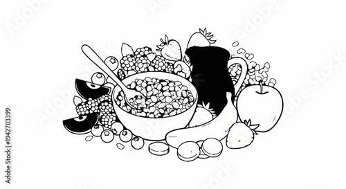 A delicious assortment of fresh fruits, cereal, and a pitcher