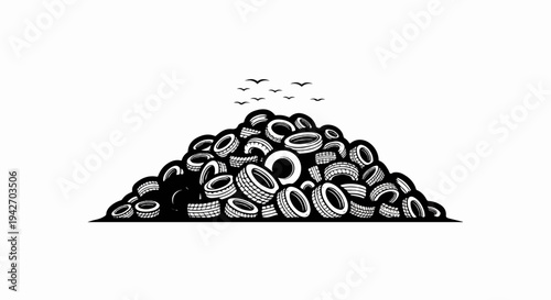 A large pile of used tires, with a flock of birds flying overhead