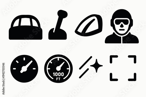 Silhouette icons of cockpit instruments and pilot gear for aviation design