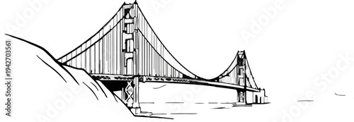 Monochrome sketch of a suspension bridge with a hillside on the left