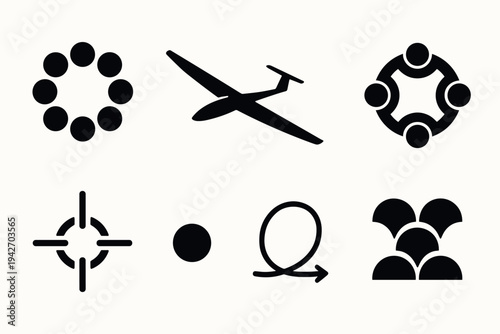Set of minimalist black silhouette icons: circle, glider, teamwork, target, dot, agile, crowd