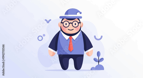 A charmingly plump cartoon figure with a hat, spectacles, and a red tie