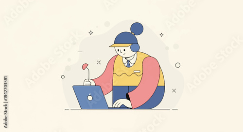 A cheerful person with headphones on, wearing a vest, and operating a laptop