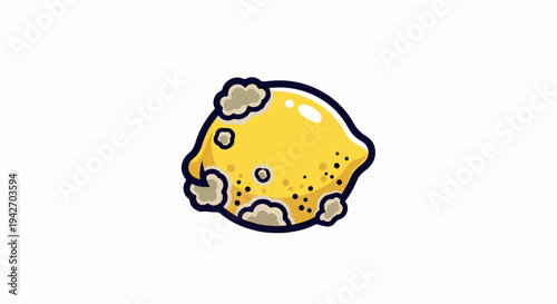 A cartoonish illustration of a yellow lemon with moldy spots