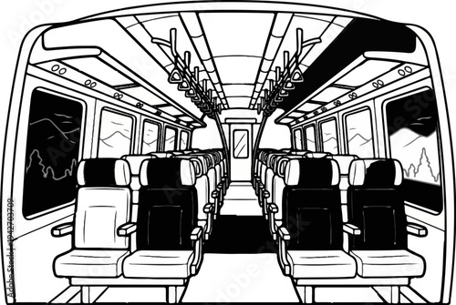 View inside a train carriage showing rows of seats and windows with mountain scenery