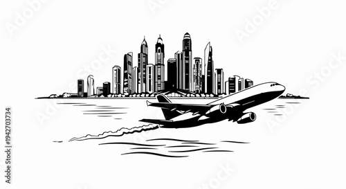 A jet plane takes off against a city skyline with a water-like foreground