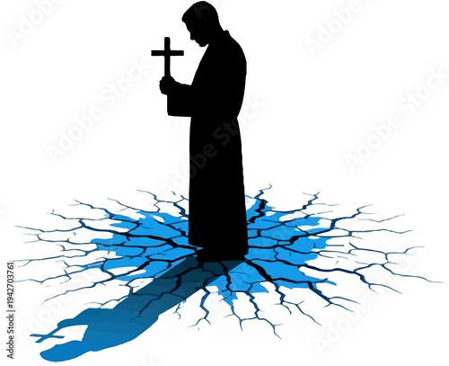 Silhouette of person holding cross, standing on cracked ground with water