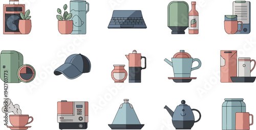 Various everyday objects and kitchenware in a flat design style