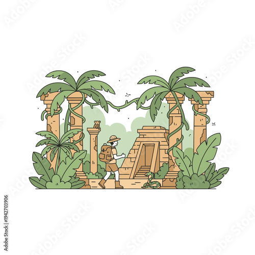 Adventurer exploring ancient jungle ruins with backpack.