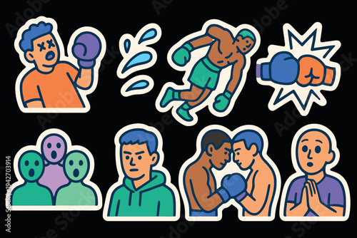 Colorful sticker set of boxing characters and emotions on black background