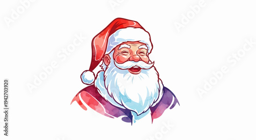 Watercolor illustration of a joyful, laughing Santa Claus wearing his hat and suit