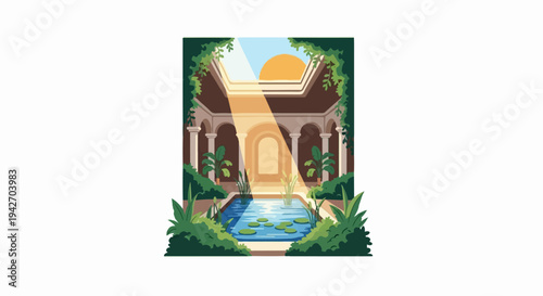 Sunbeam illuminates serene courtyard with pool and plants