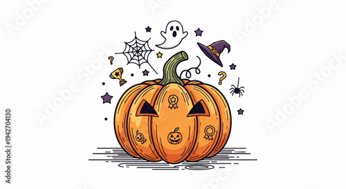 A cheerful jack-o'-lantern surrounded by spooky Halloween icons