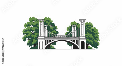 Stylized white suspension bridge with arched lower level, flanked by trees