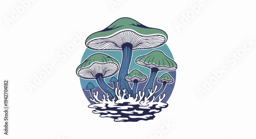 Stylized illustration of several mushrooms in green and blue hues within a circle