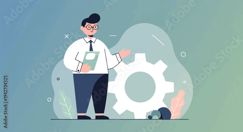 A man in a suit holds a folder next to a large gear