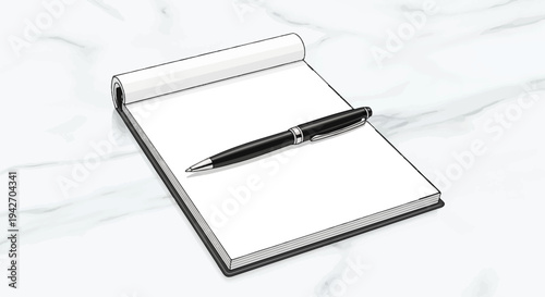 A black pen rests on an open blank notebook with a rolled top page