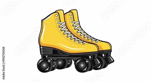 A pair of bright yellow, classic quad roller skates with white laces